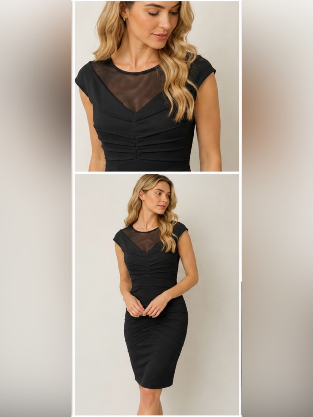 EUC Black Mesh Yoke Bodycon Cocktail Dress | Elegant Fitted Midi Dress | Size M - Picture 8 of 12